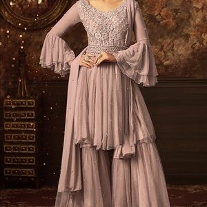 Light Mauve Embroidered Pearl Net Sharara Suit 34